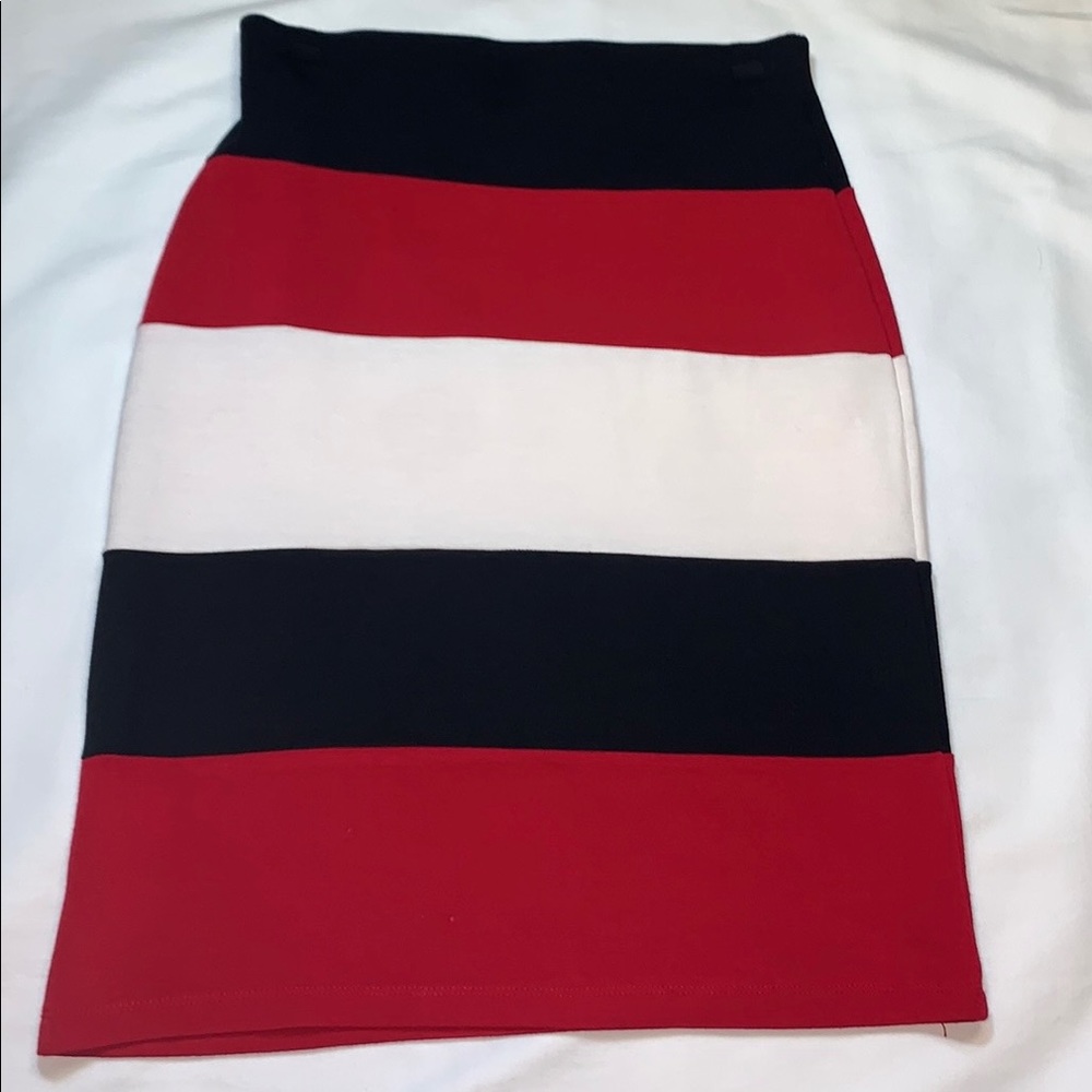 Black, red, white, pencil skirt with elastic waist band.